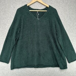 Eileen Fisher Organic Cotton Eyelash V Neck Sweater Pine Green‎ XL NWT